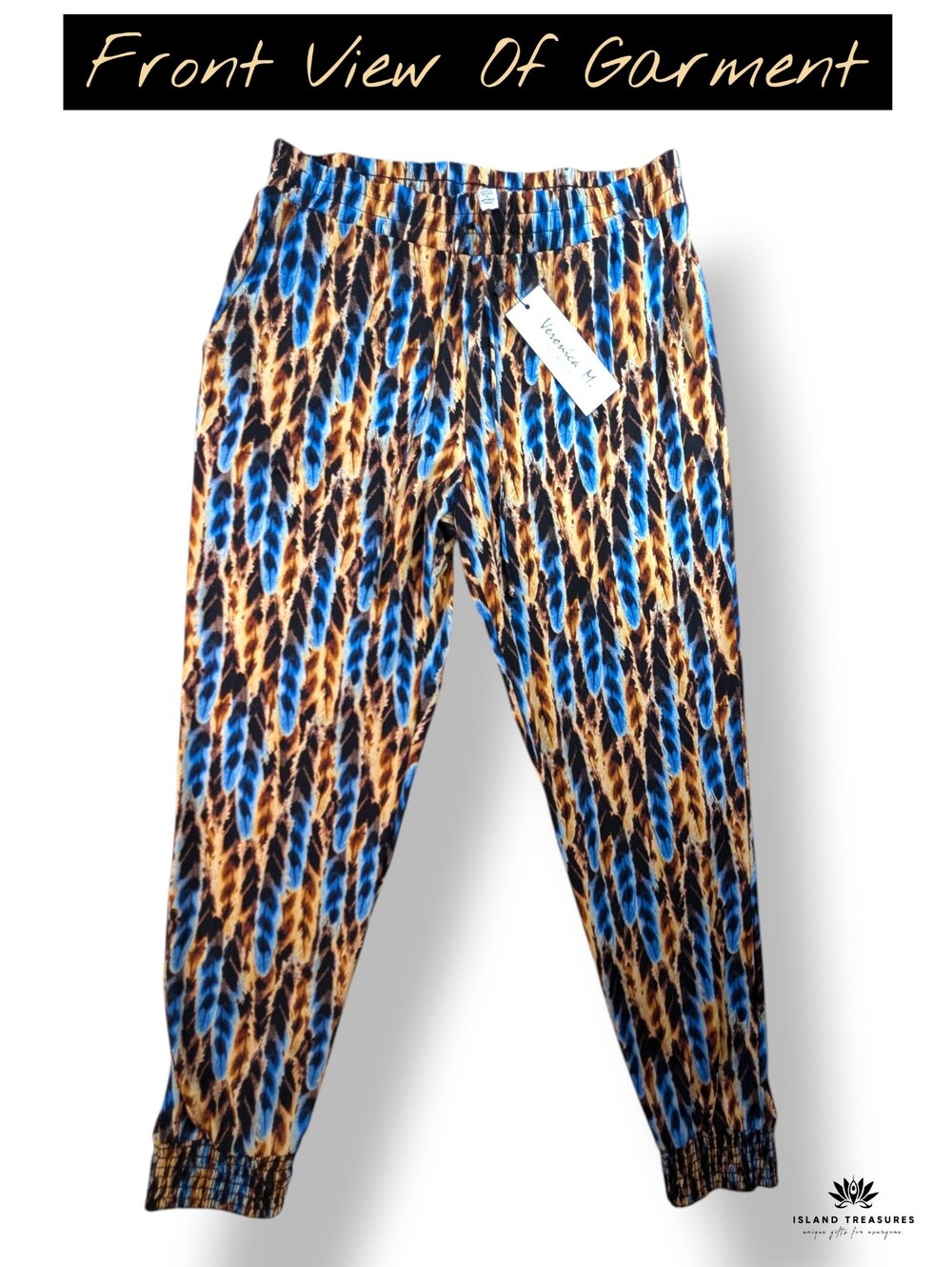NWT Veronica M. Size XS Brown/Blue Draped Los Angeles Feather Print Jogger Pants - Picture 2 of 16